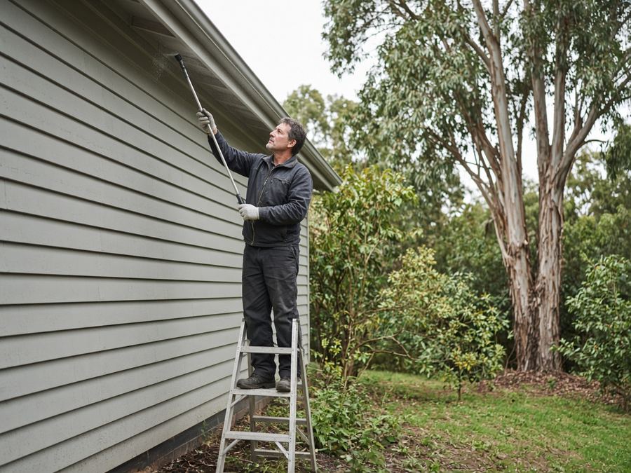 Technician on a ladder treating the eaves of a weatherboard home