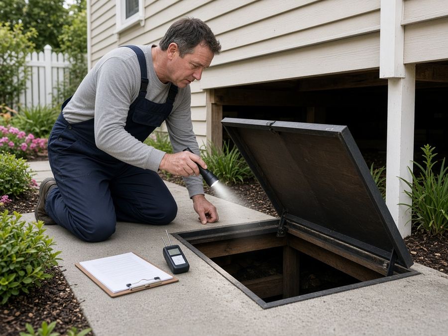Inspector opening a subfloor access hatch beside a home
