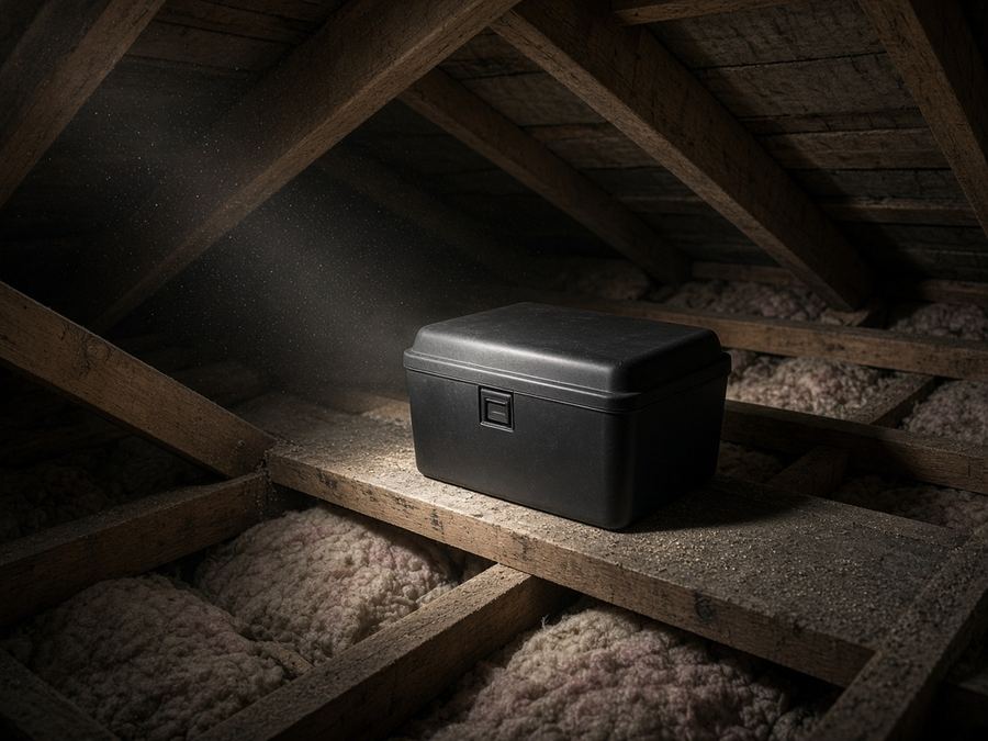 Lockable rodent bait station in a roof space