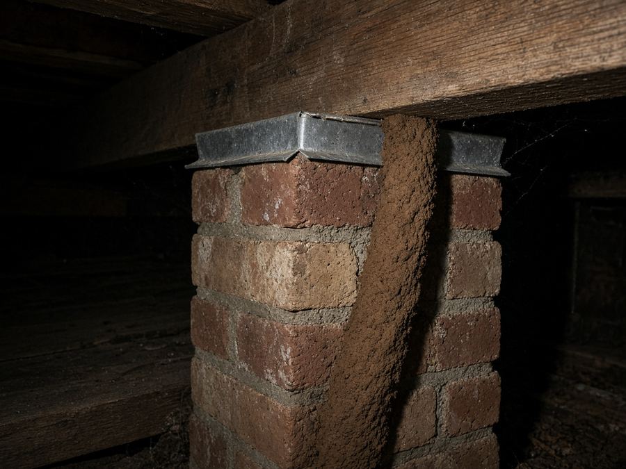 Brick piers and timber bearers in the subfloor of a raised house