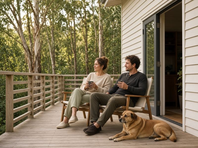 Couple relaxing on a timber deck with their dog, bushland behind