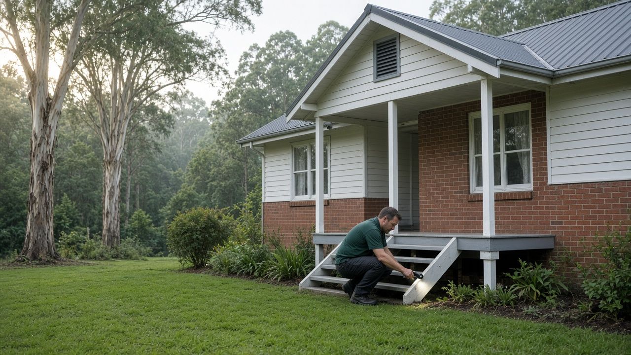 Pest control technician checking the front steps of a weatherboard home surrounded by gum trees