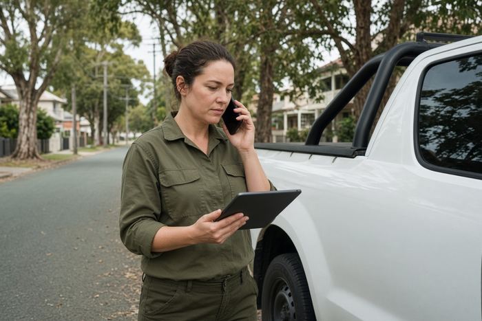 Pest control technician on the phone beside a white ute in a leafy street