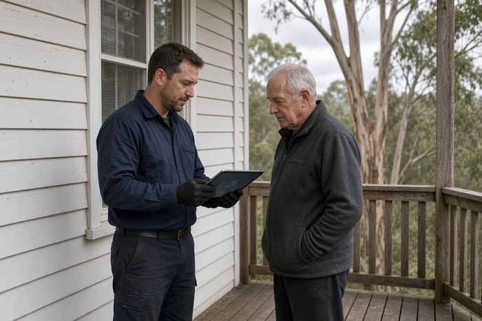 Technician with a tablet talking to an older homeowner on a verandah